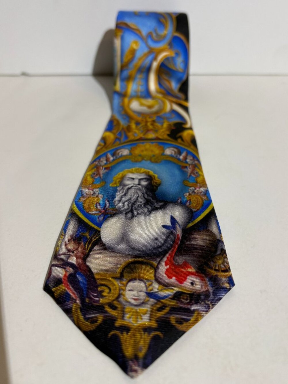 Vintage Gianni Versace Silk Tie 90s Baroque Triptych Koi Fish Classical Bust